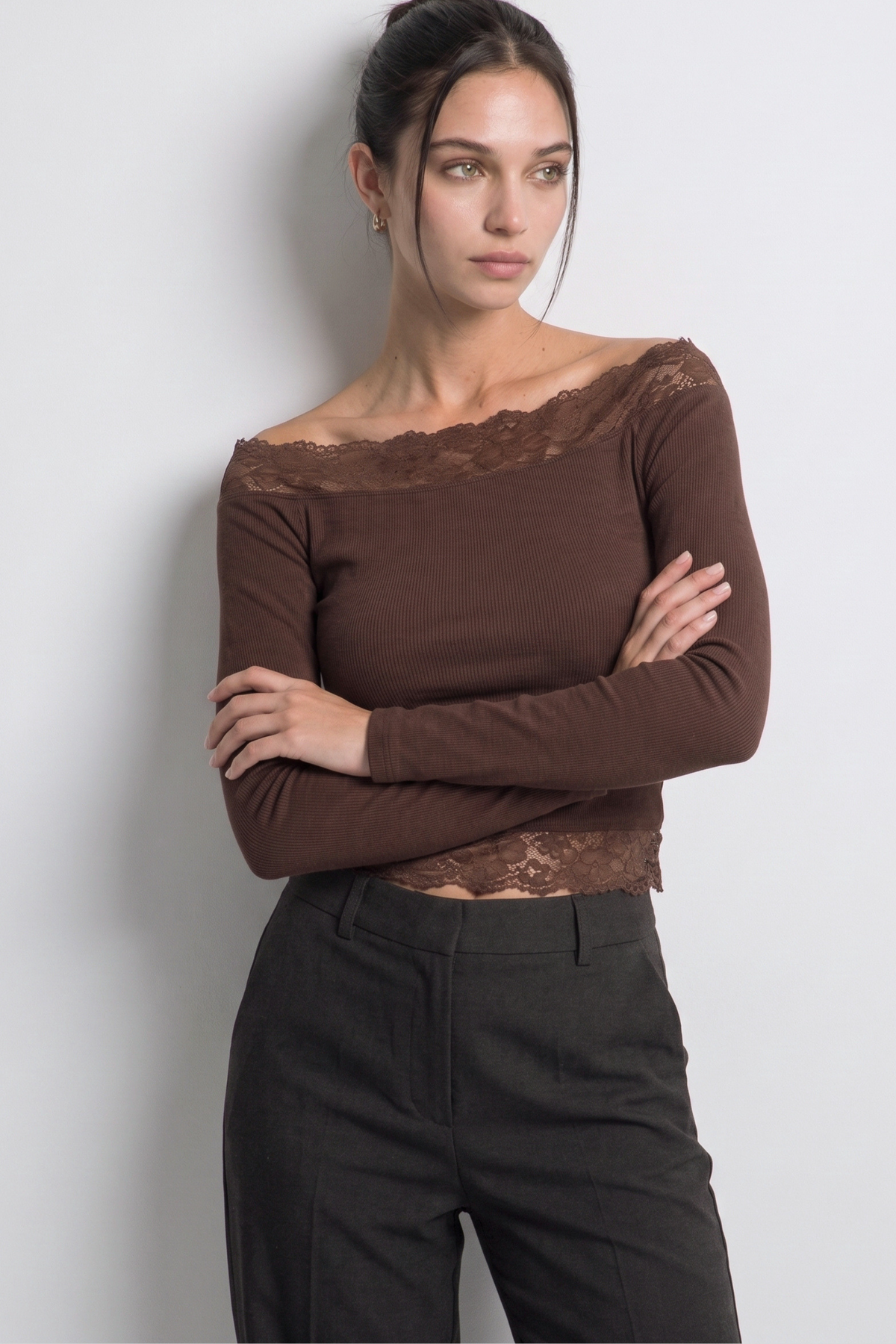 Chocolate brown off shoulder bardot top with floral lace trim