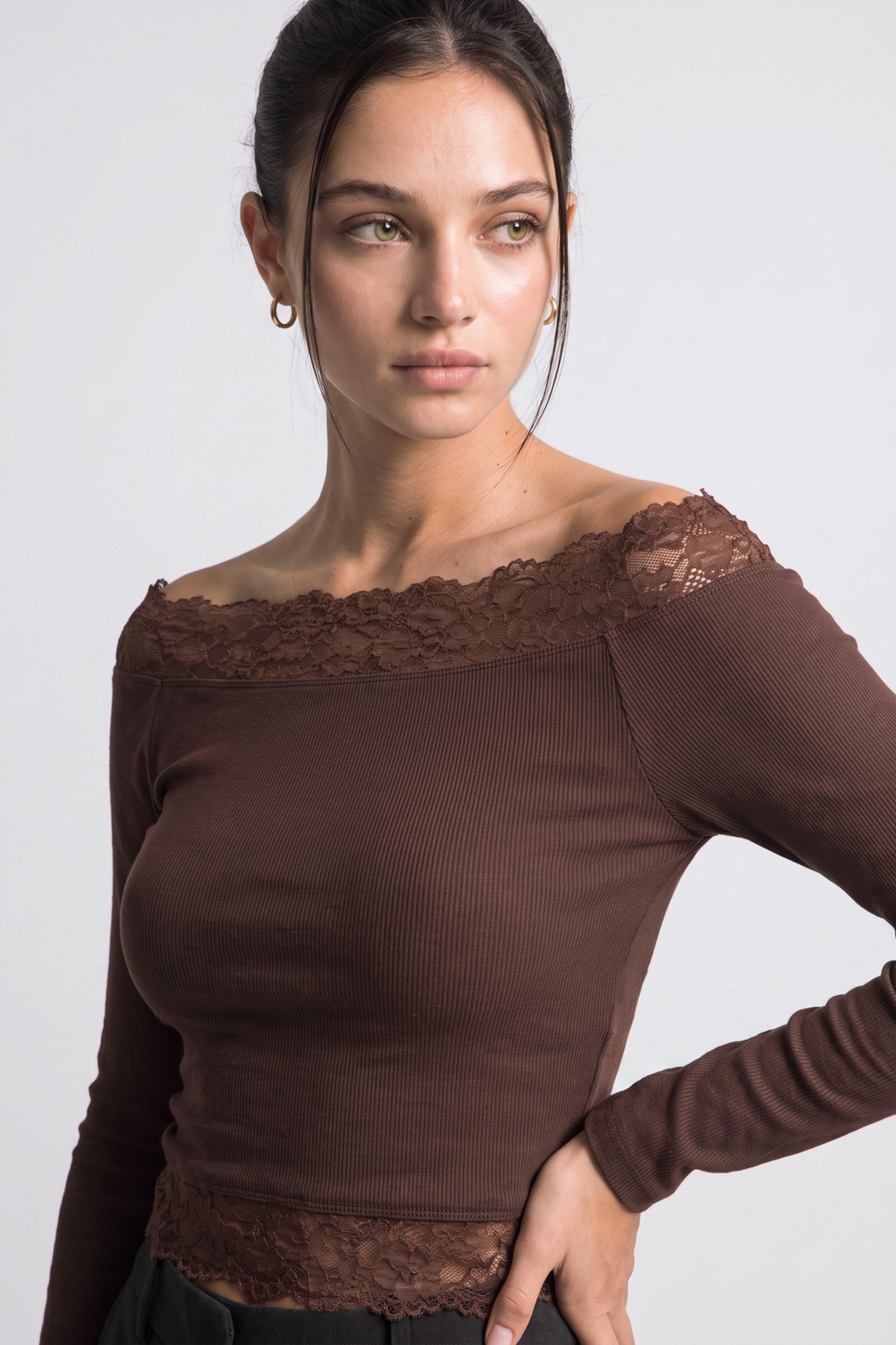 Chocolate lace-trim off shoulder top – side view
