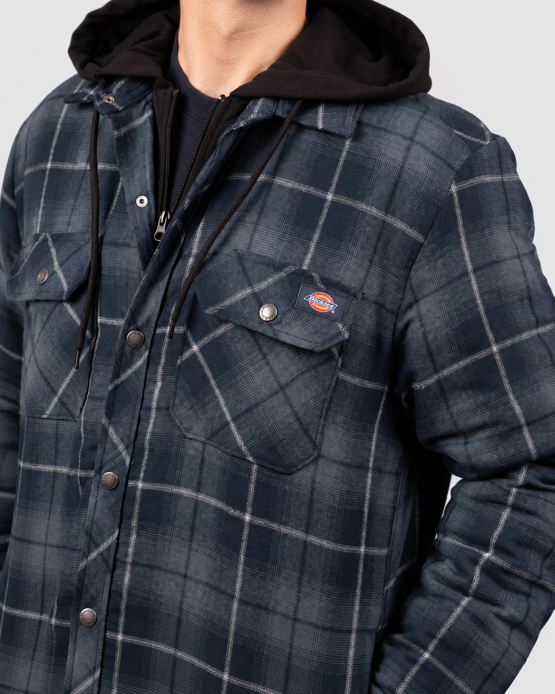 Dickies Flannel Hooded Shirt Jacket in Navy Blue, close-up