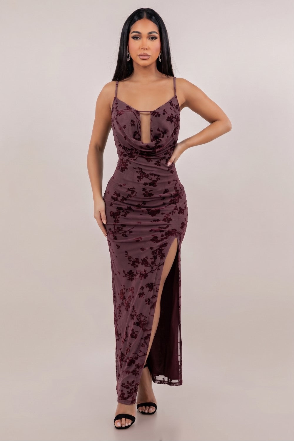 Burgundy floral flocking maxi dress front view