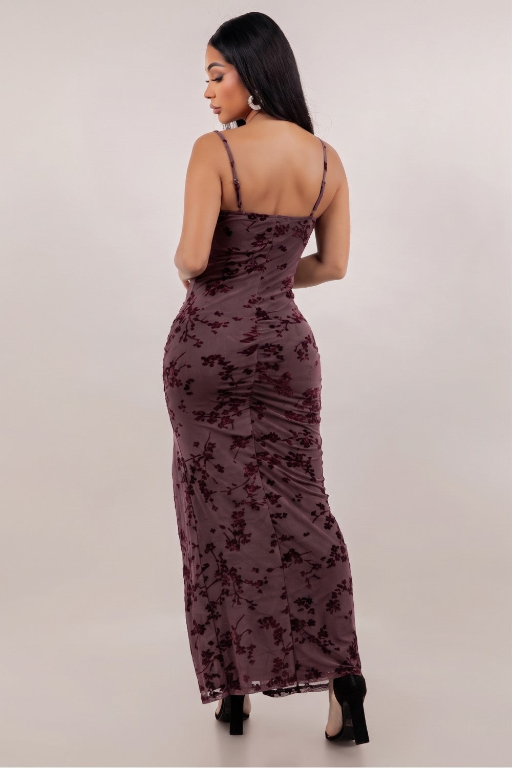 Burgundy floral flocking maxi dress flocked floral detail