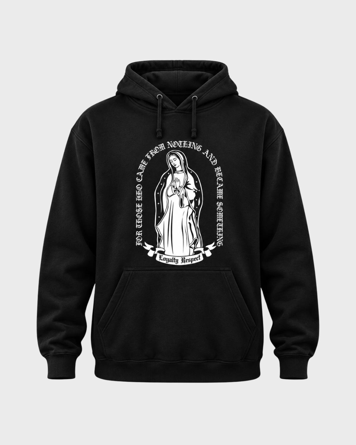 Virgen de Guadalupe Loyalty Respect pullover hoodie in black - front