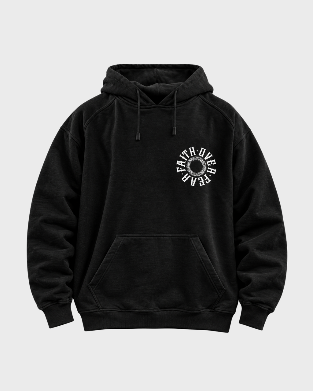 Faith Over Fear angel graphic pullover hoodie in black - front chest logo