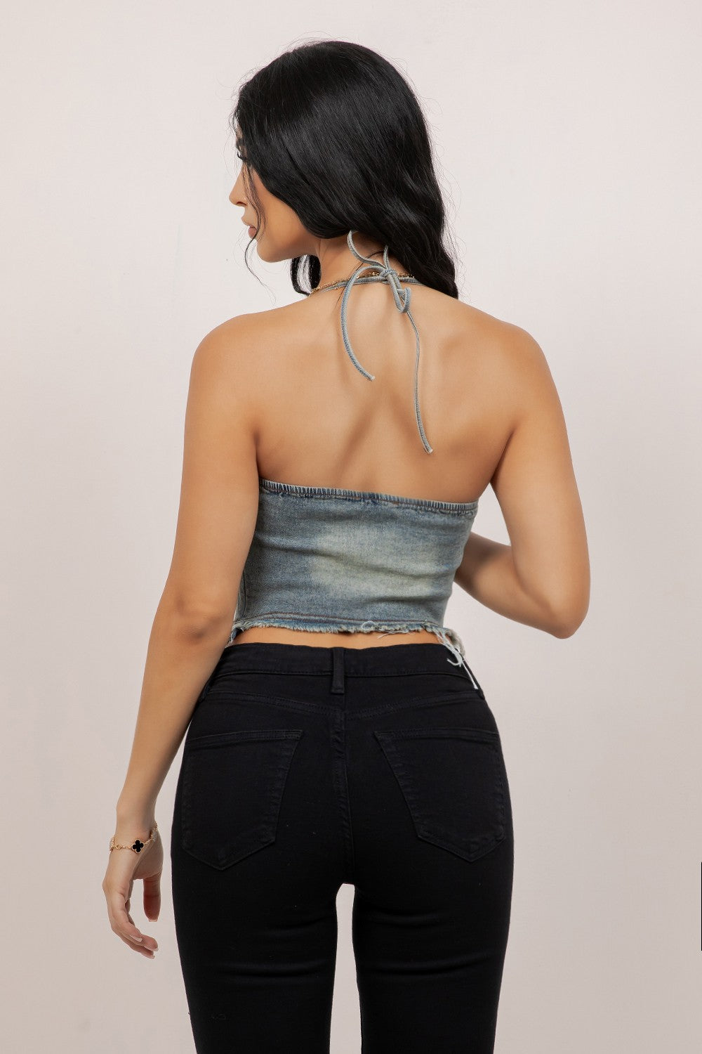Women's blue halter corset top - styled look
