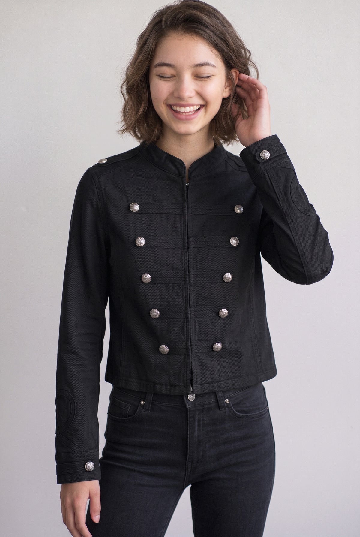Love Tree hussar braided denim top in Black