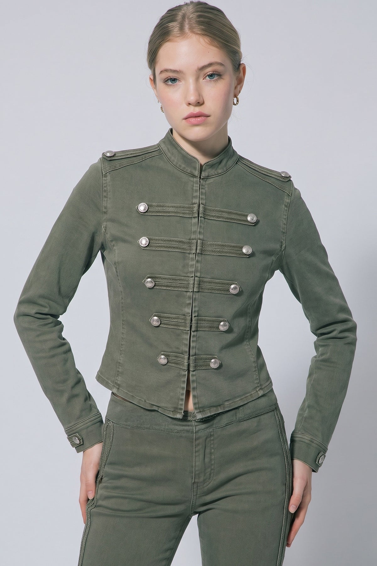 Love Tree hussar braided denim top in Olive
