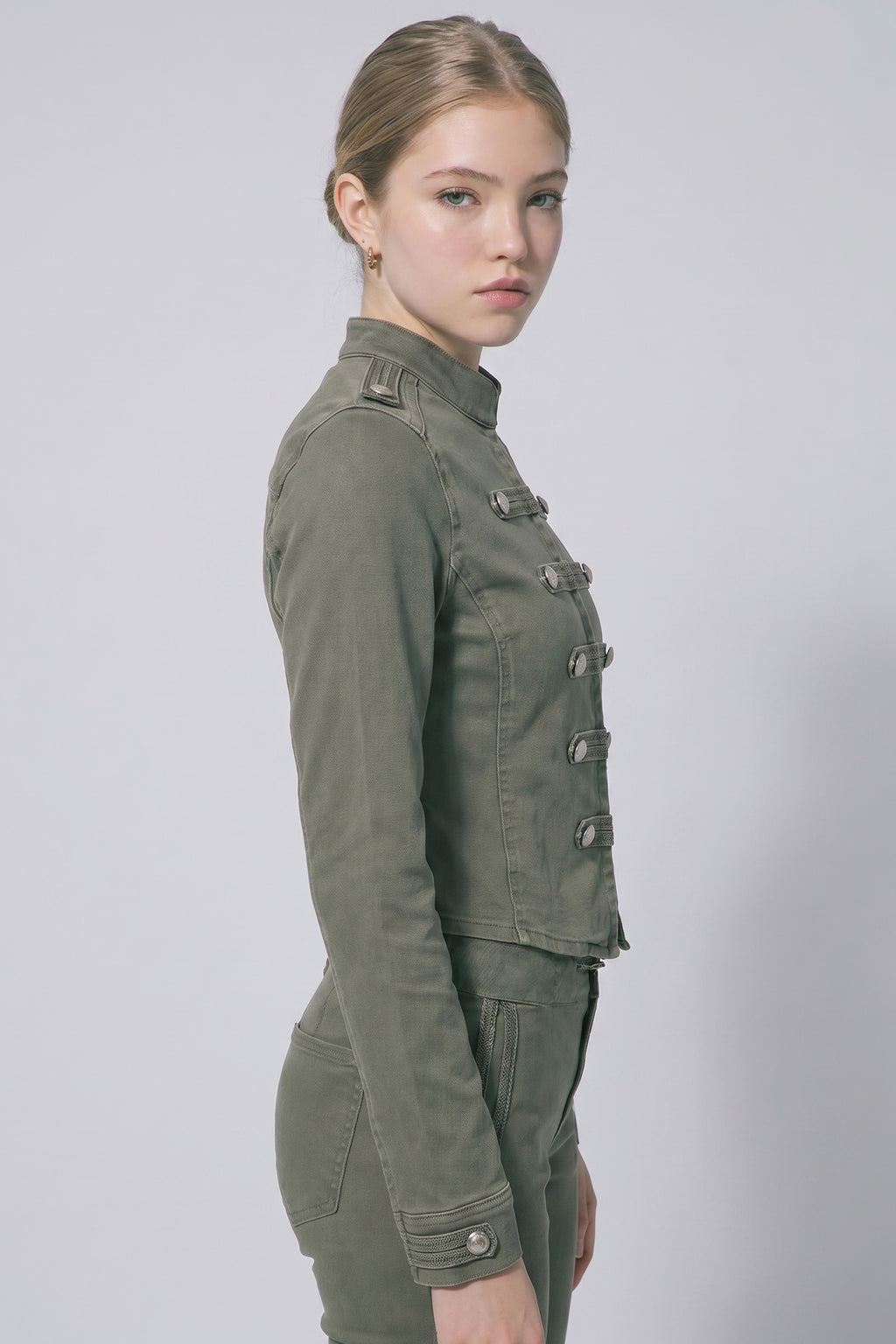 Love Tree hussar braided denim top in Olive