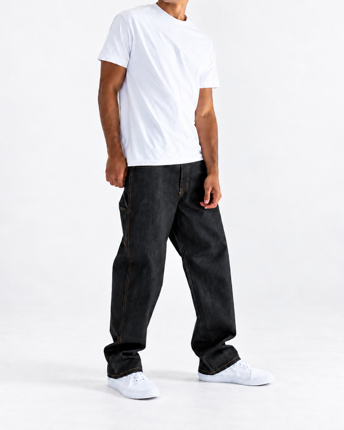 Neo Blue indigo black raw denim baggy carpenter jeans with gold stitching - image 4