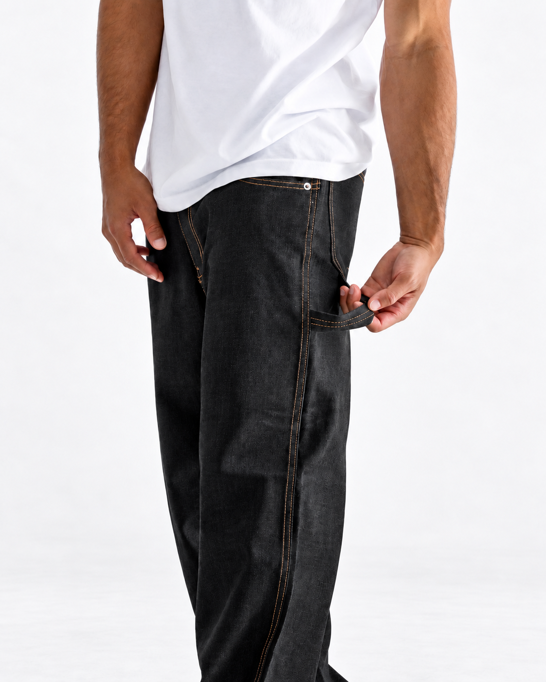 Neo Blue indigo black raw denim baggy carpenter jeans with gold stitching - image 2