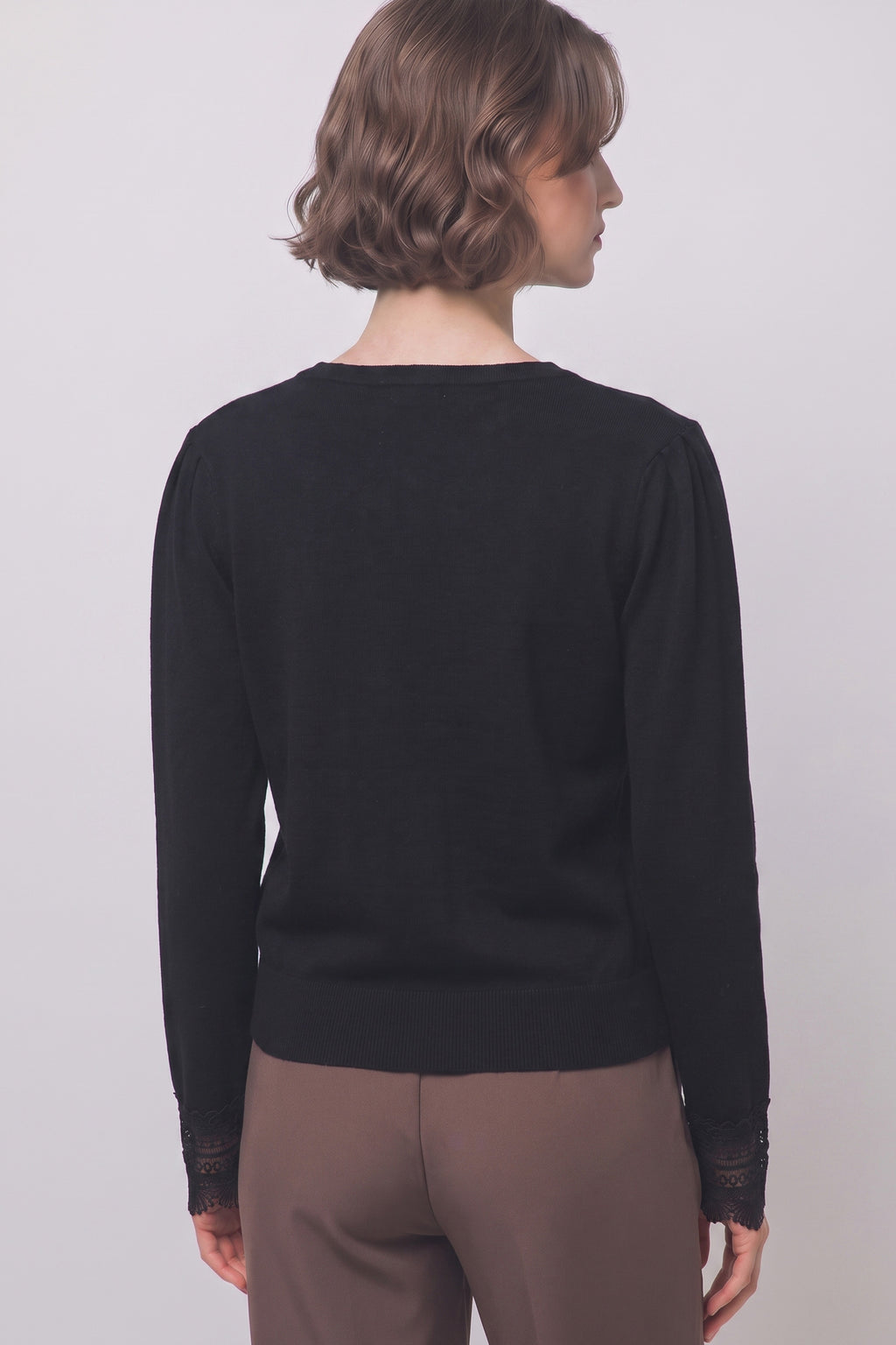 Women's lace trim knit cardigan in Black - styled look