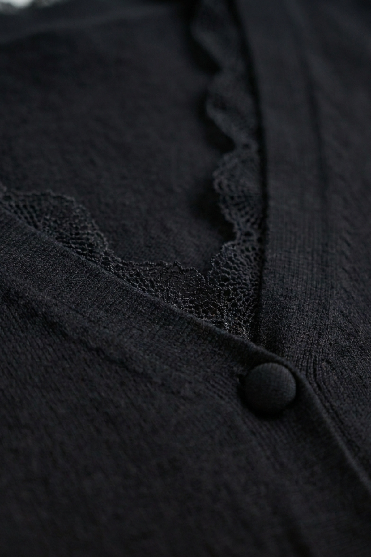 Women's lace trim knit cardigan in Black - close-up