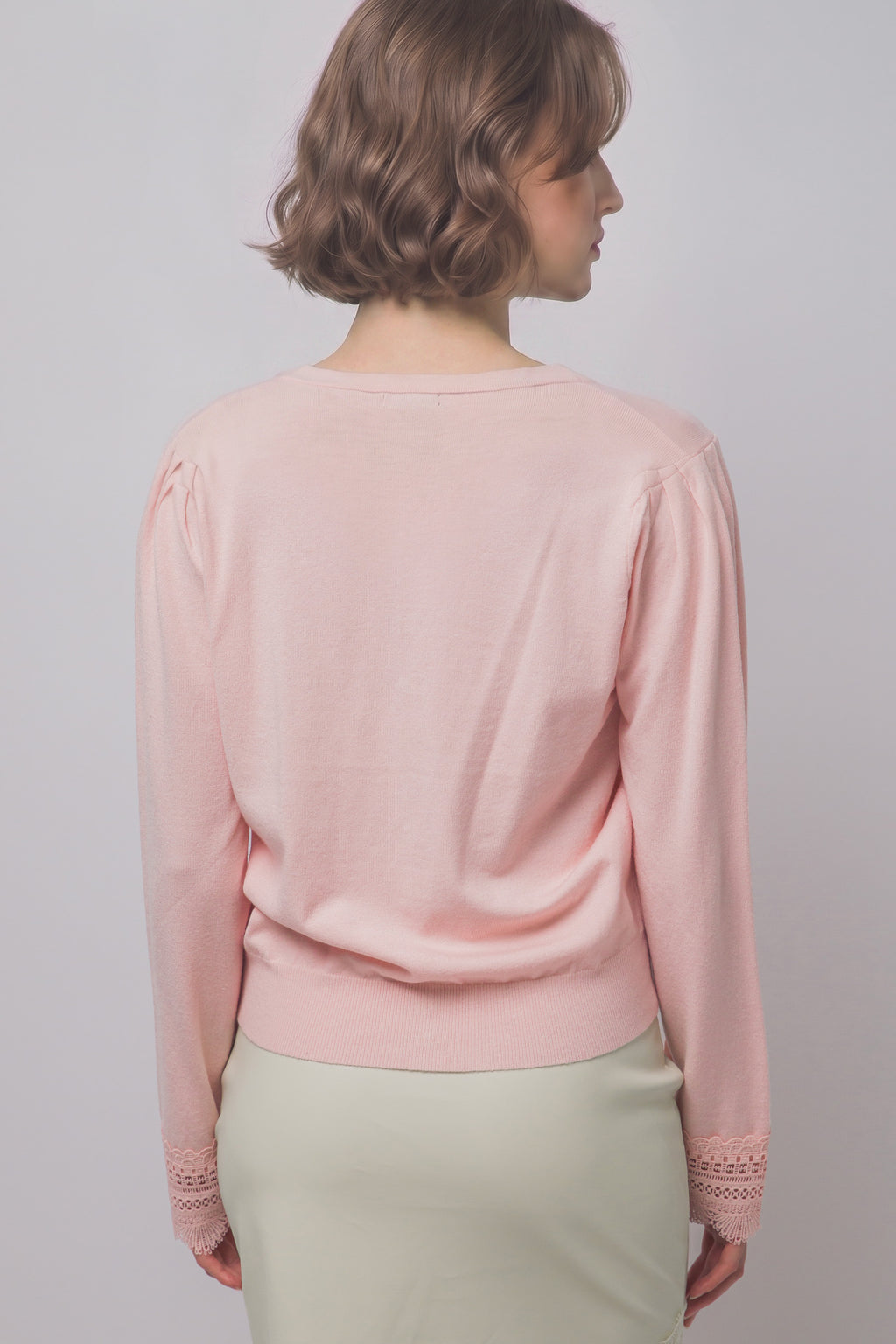 Women's lace trim knit cardigan in Pink Stone - front view on model