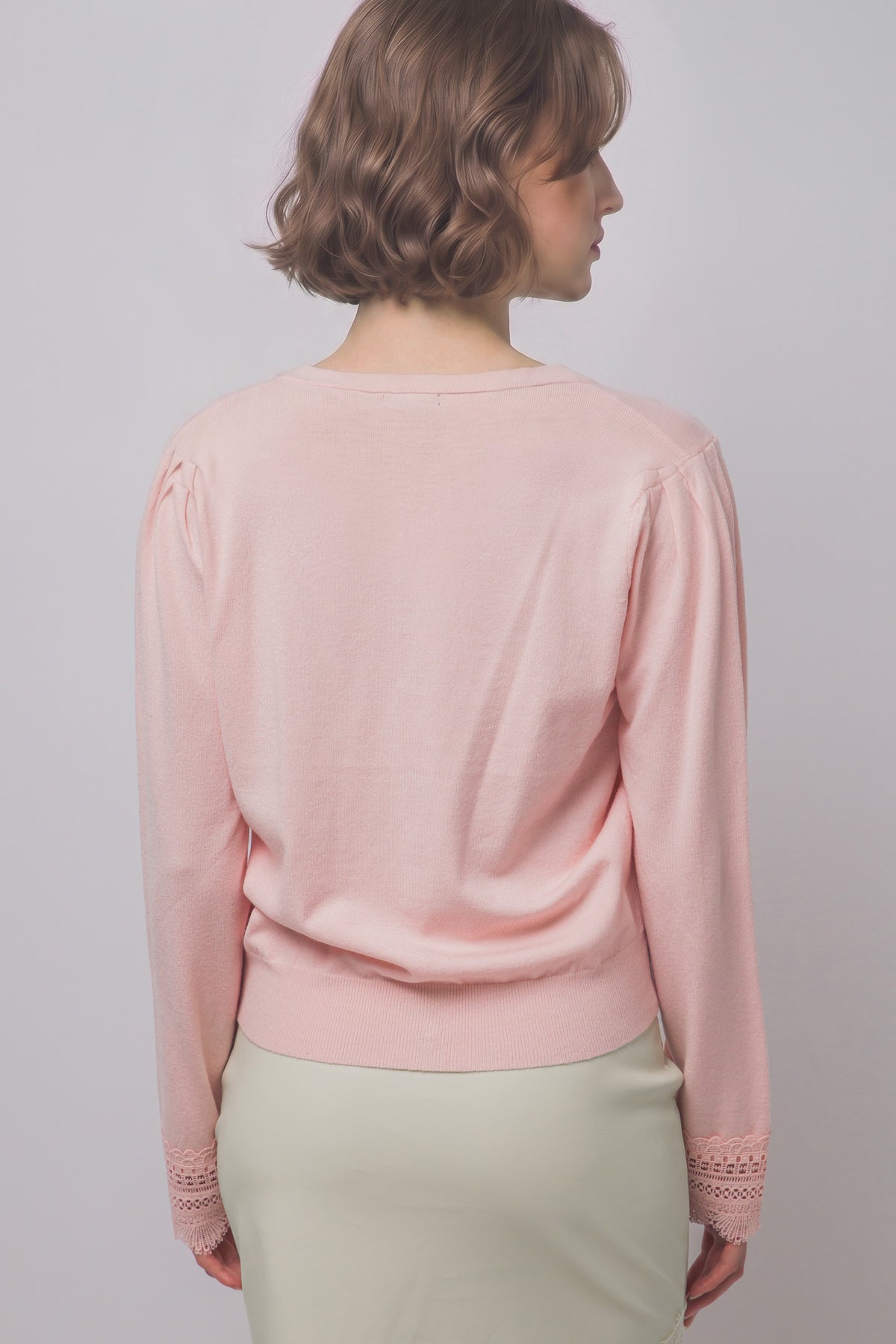 Women's lace trim knit cardigan in Pink Stone - front view on model
