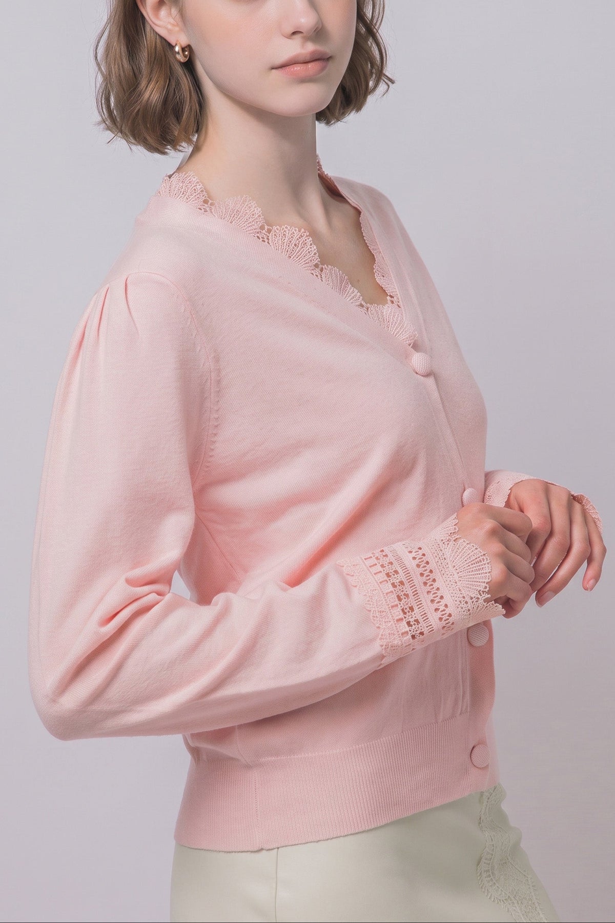 Women's lace trim knit cardigan in Pink Stone on model