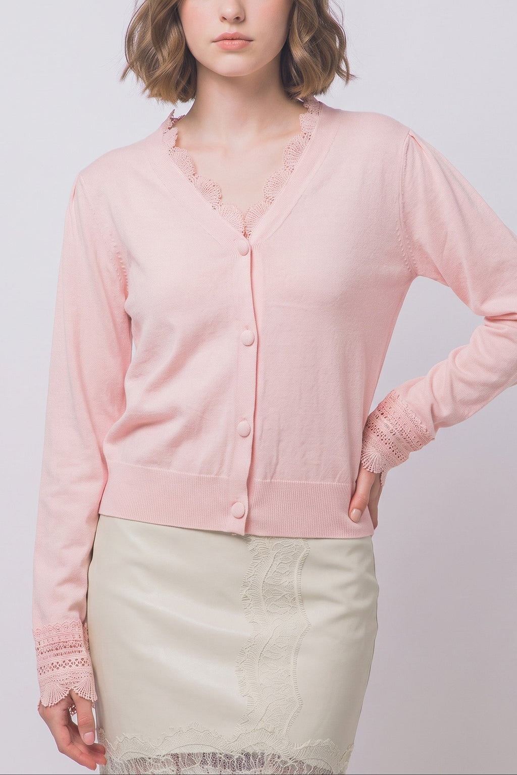 Women's lace trim knit cardigan in Pink Stone - lace detail