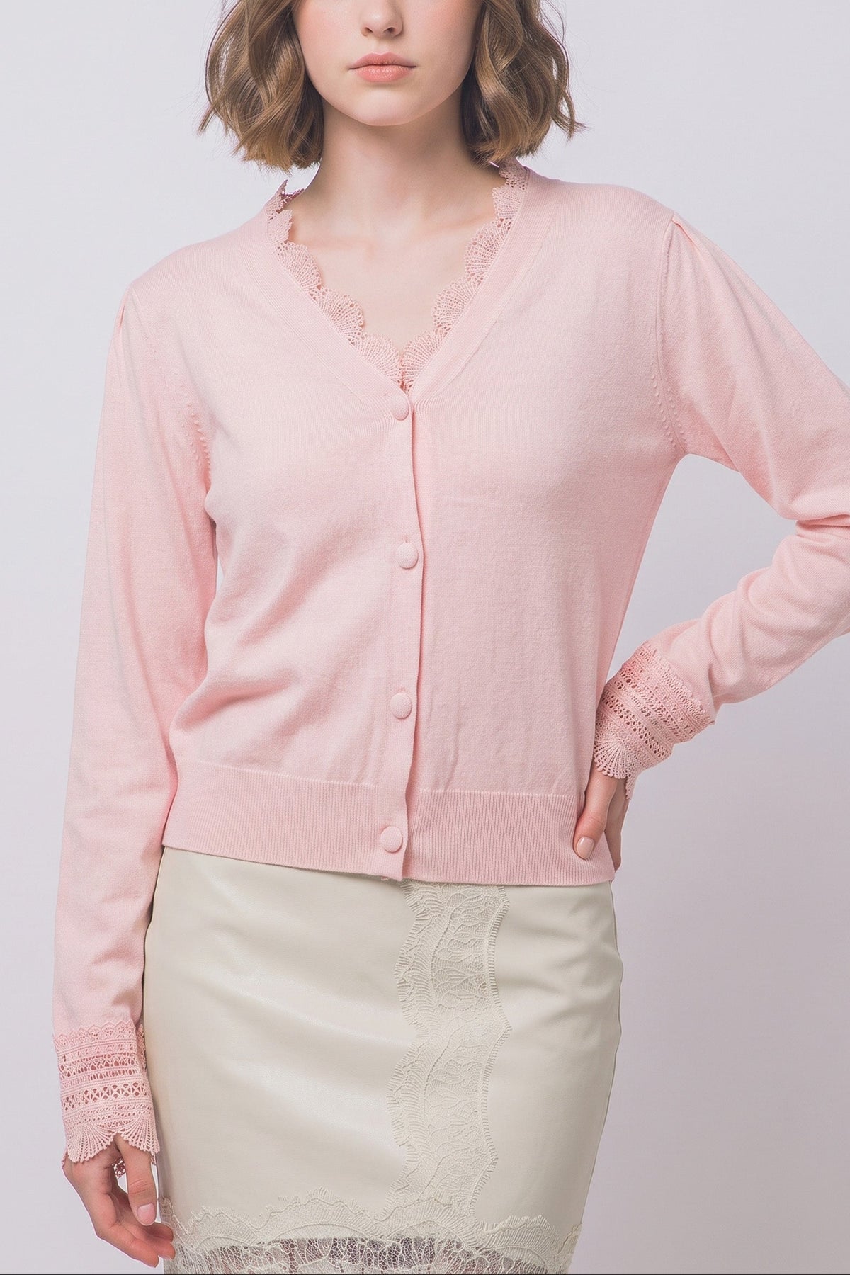 Women's lace trim knit cardigan in Pink Stone - lace detail