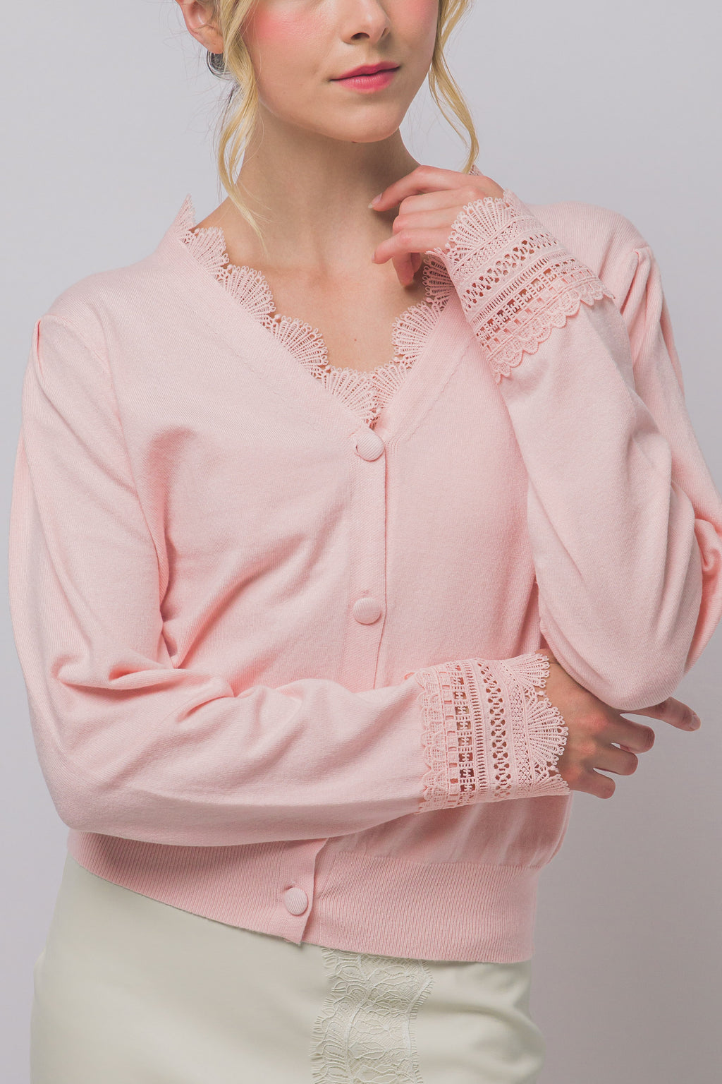Women's lace trim knit cardigan in Pink Stone - alternate view