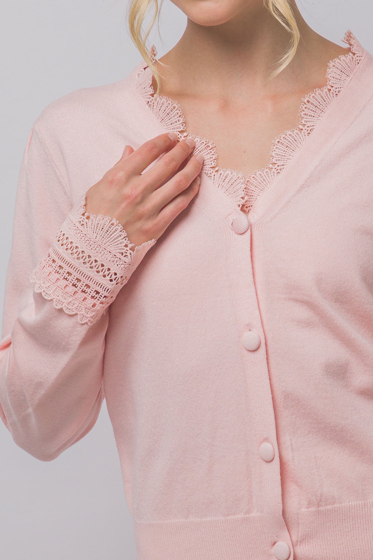 Women's lace trim knit cardigan in Pink Stone - close-up