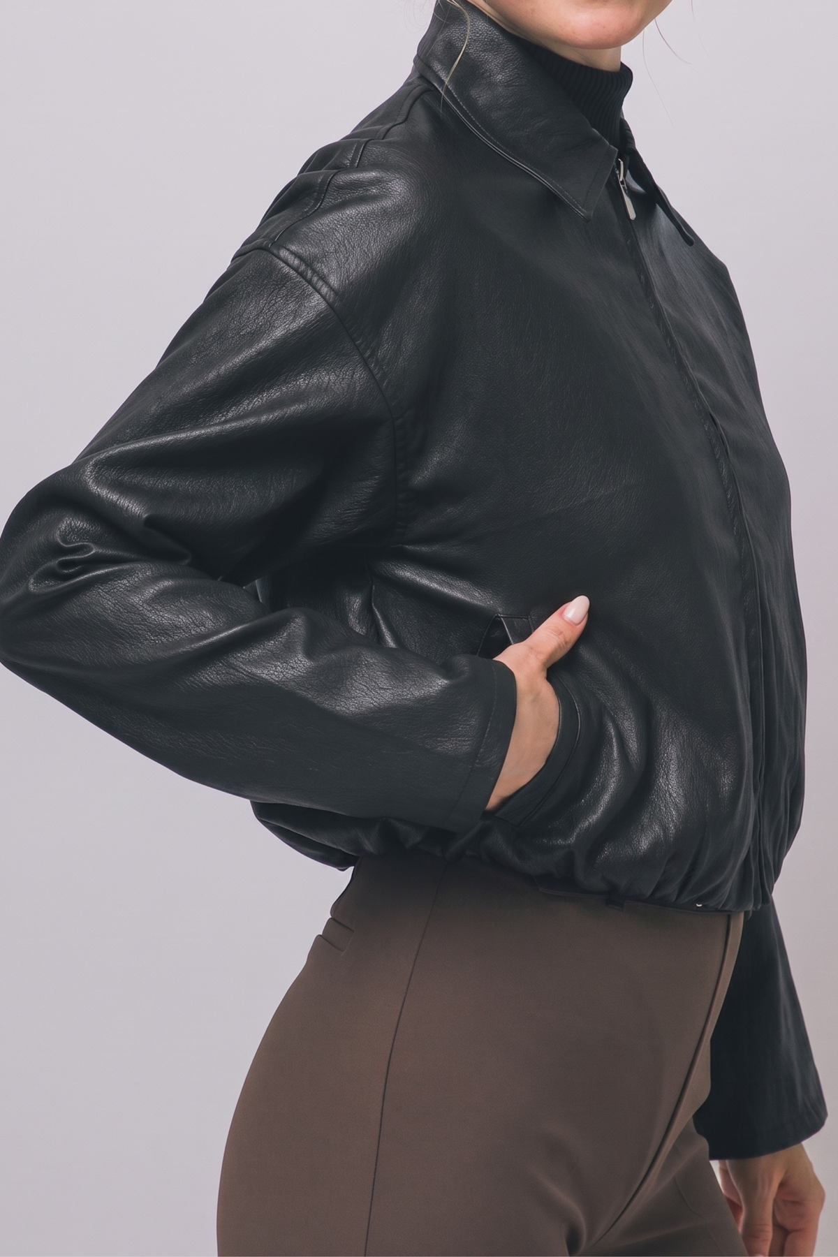 Black cropped faux leather bomber jacket with shirt-style collar