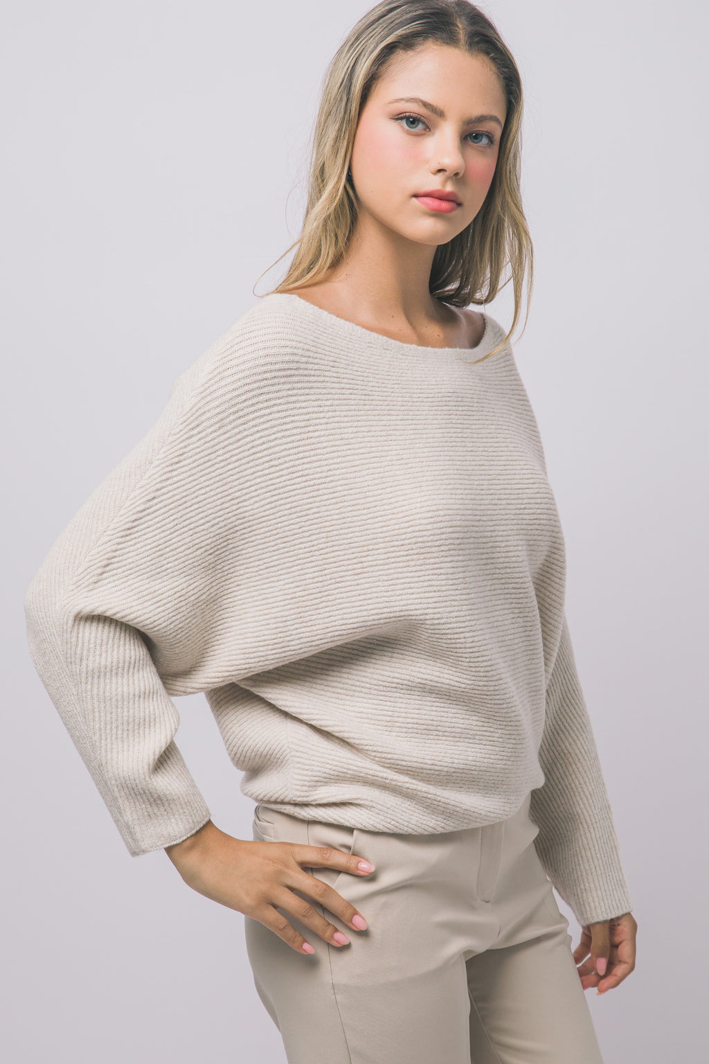 Oatmeal ribbed knit sweater with boat neckline – styled outfit
