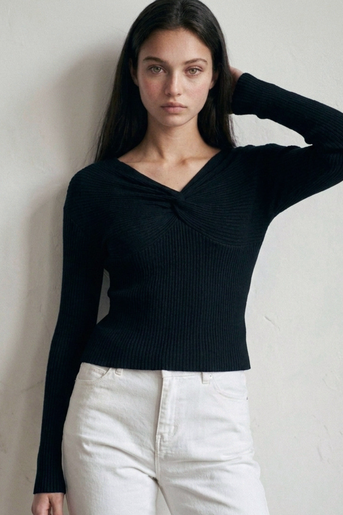Love Tree off shoulder twist V neck sweatshirt in Black