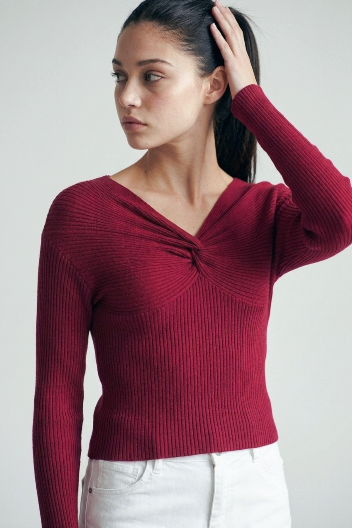 Love Tree off shoulder twist V neck sweatshirt in Wine