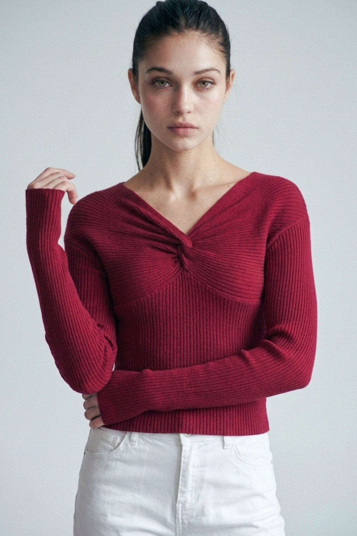 Love Tree off shoulder twist V neck sweatshirt in Wine