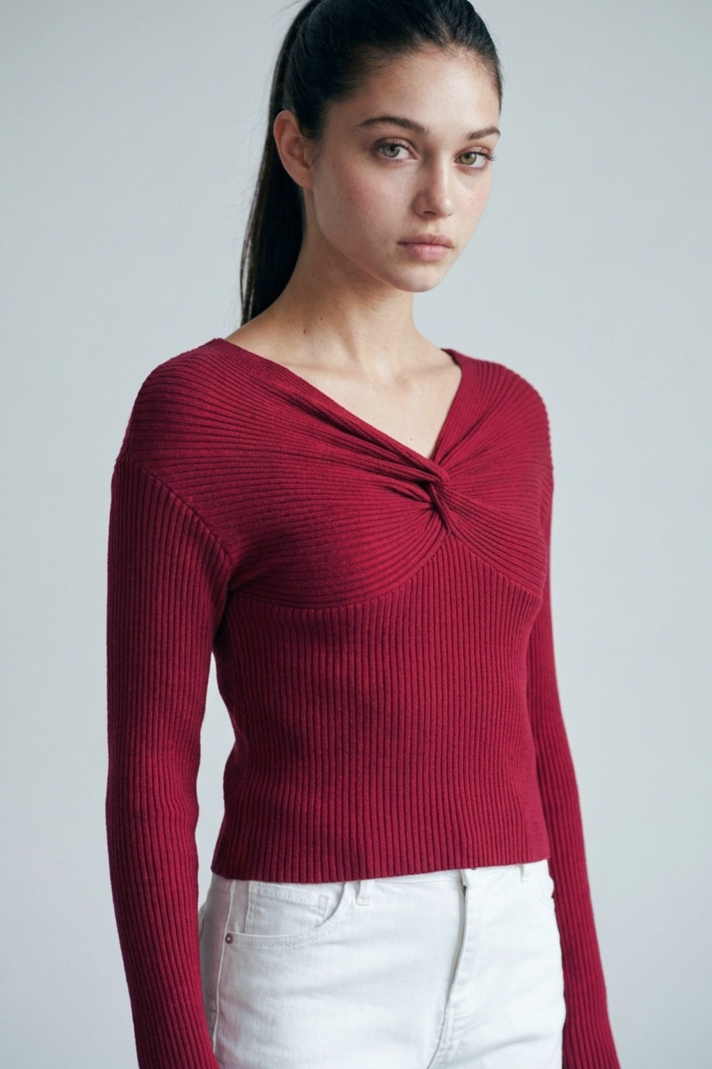 Love Tree off shoulder twist V neck sweatshirt in Wine