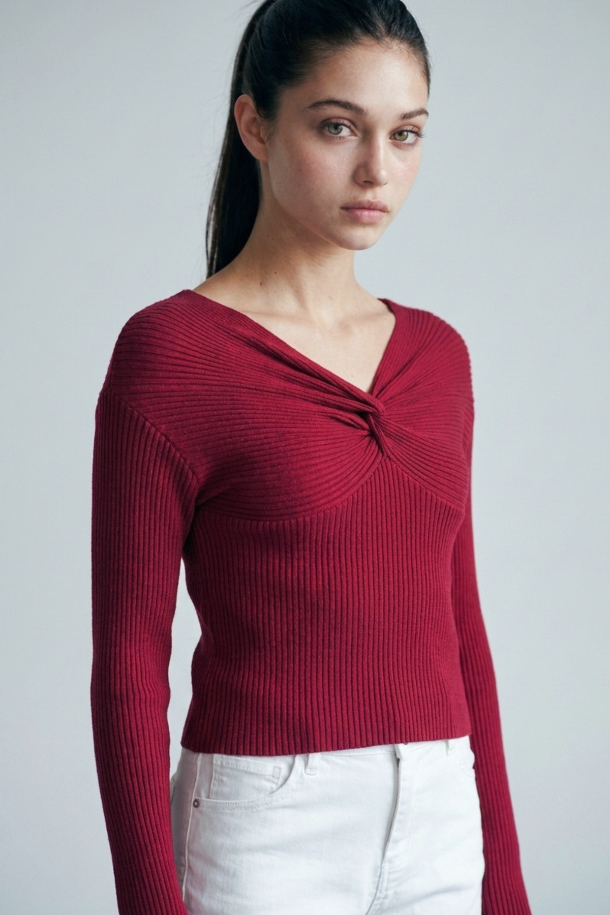 Love Tree off shoulder twist V neck sweatshirt in Wine