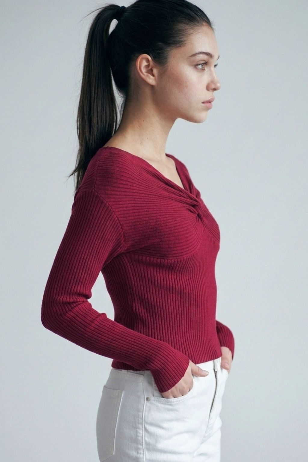 Love Tree off shoulder twist V neck sweatshirt in Wine
