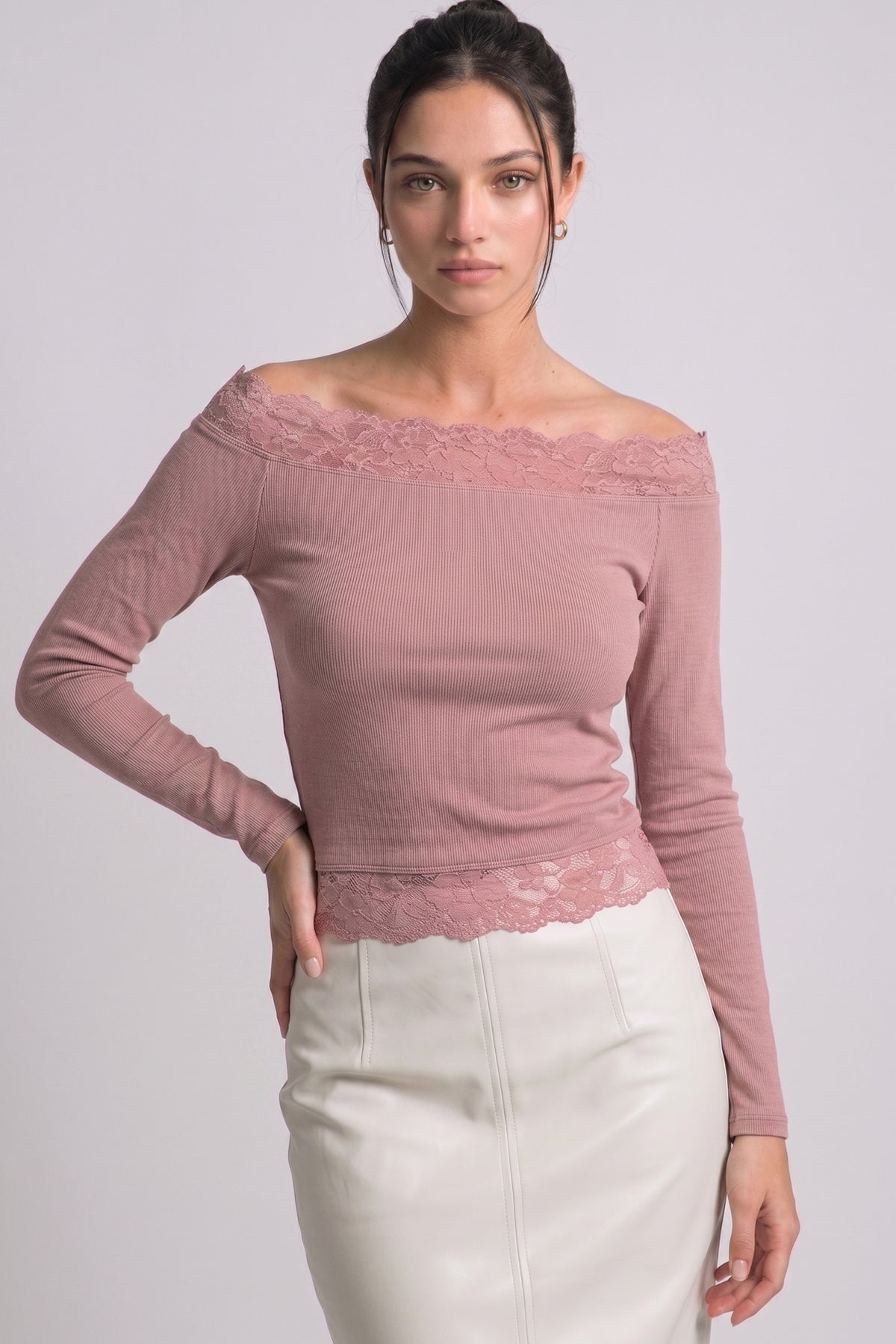 Pink Stone lace-trim bardot top close-up detail
