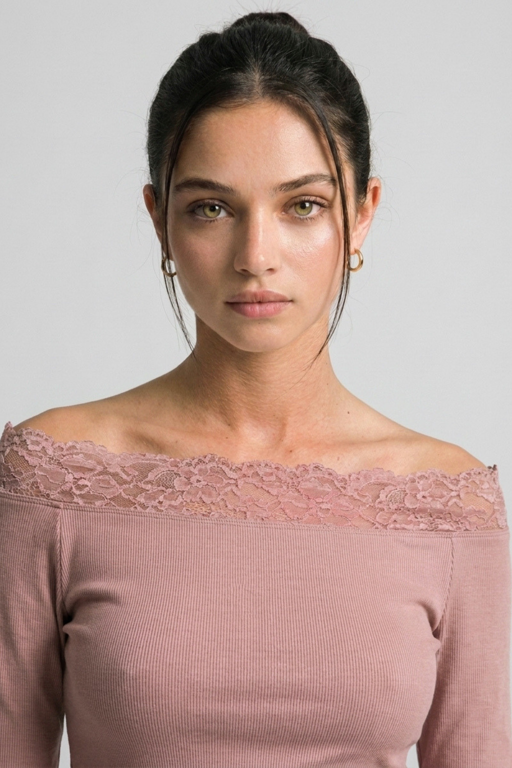 Women's lace-trim off shoulder top in Pink Stone – front view