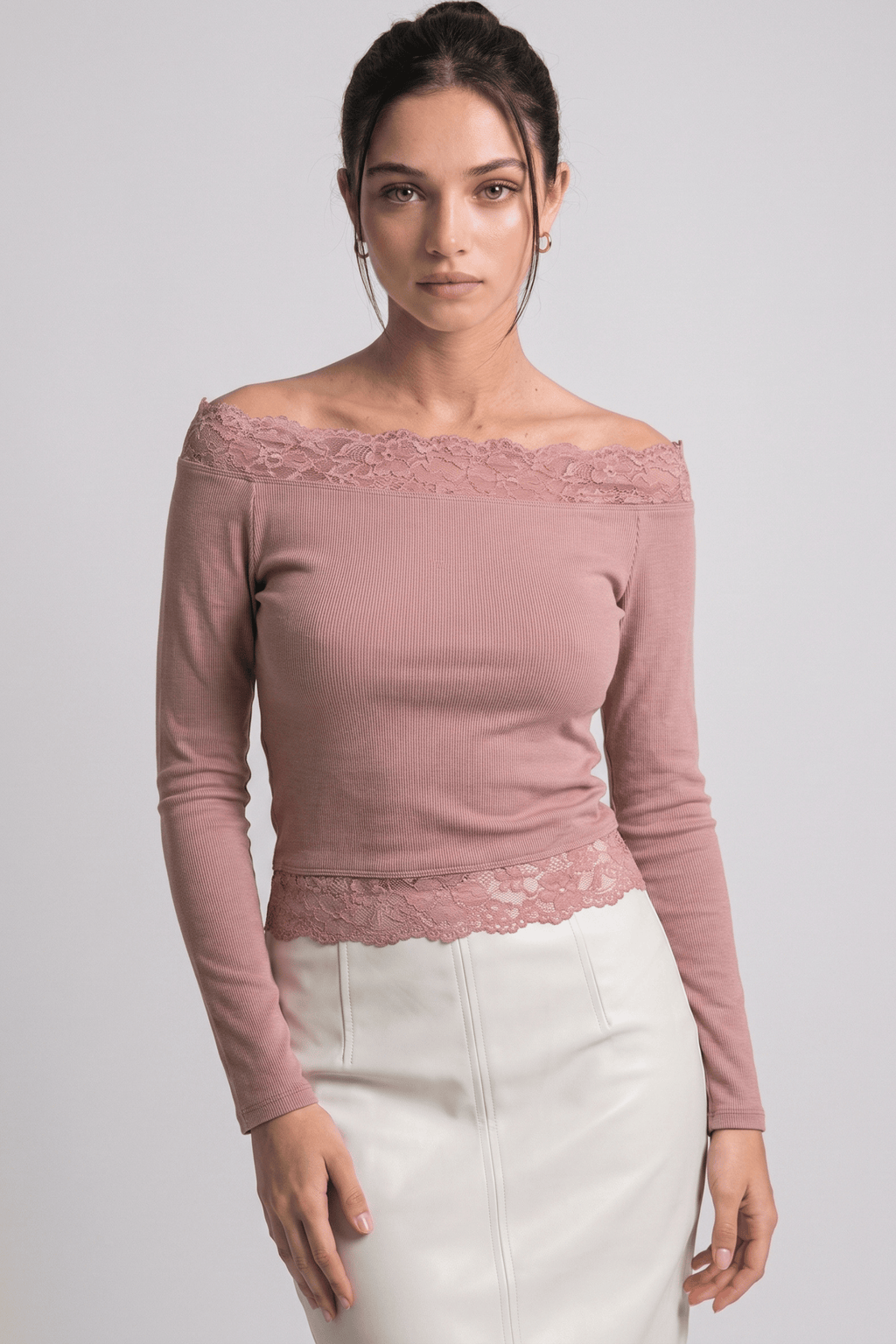 Pink Stone off shoulder bardot top with floral lace trim