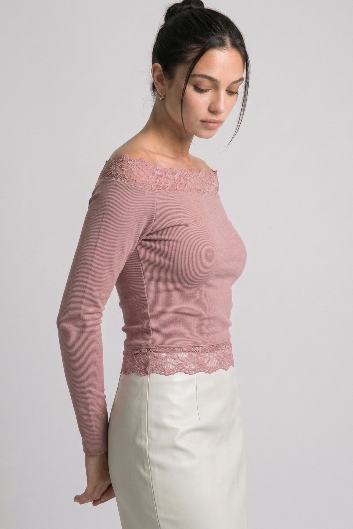 Pink Stone lace-trim off shoulder top – side view