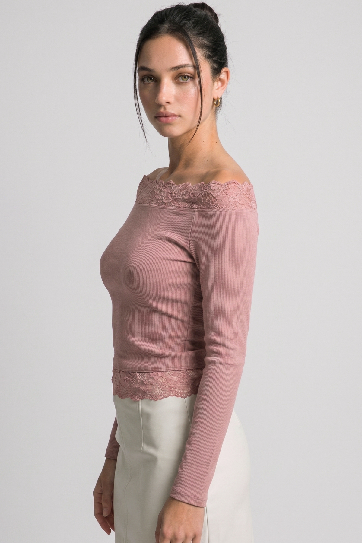 Pink Stone lace-trim off shoulder top – back view