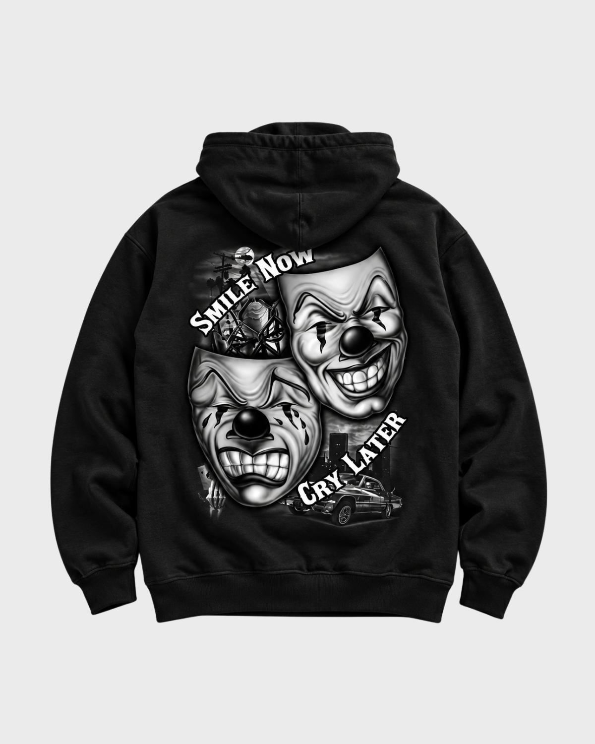 Smile Now Cry Later graphic pullover hoodie in black