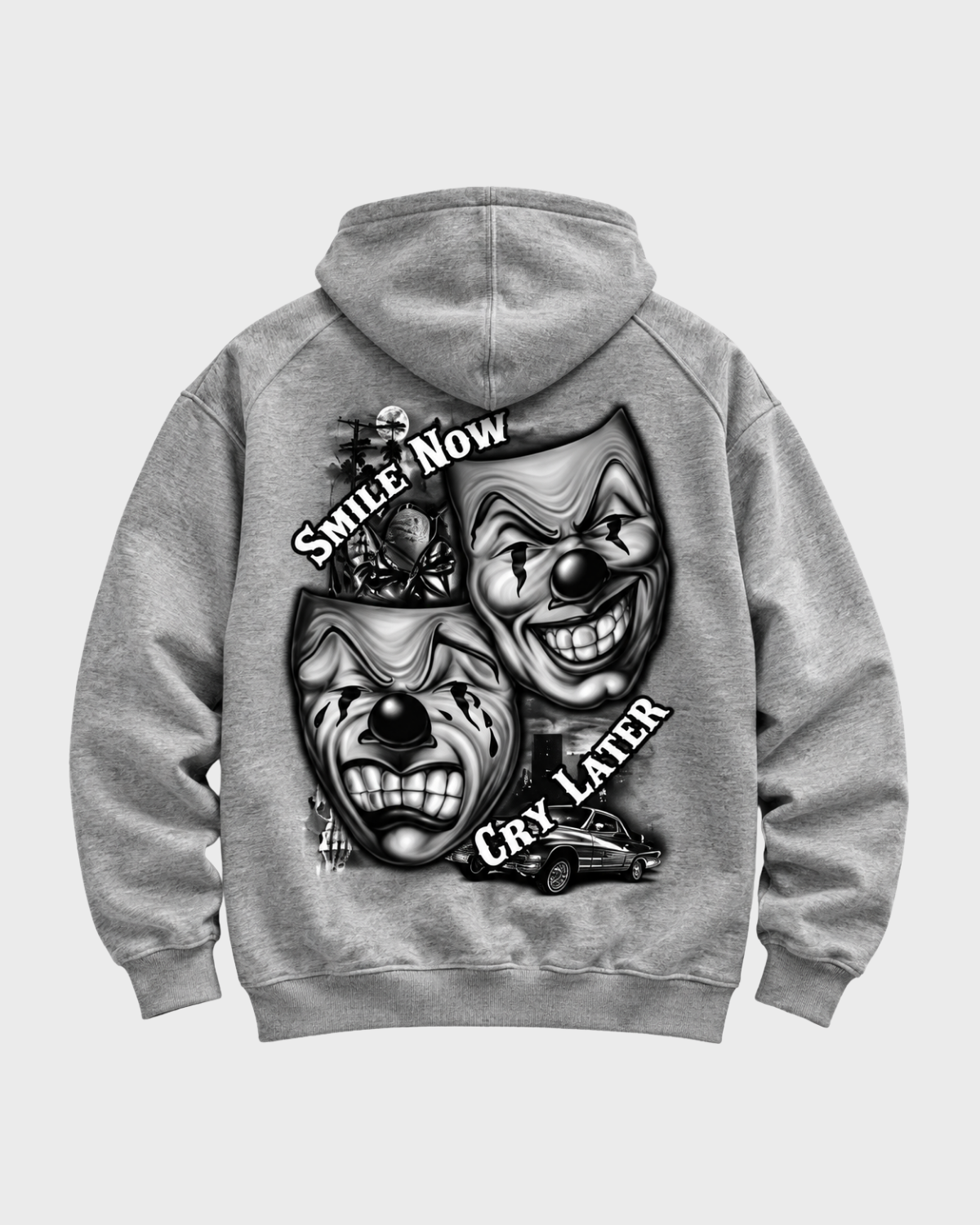Smile Now Cry Later graphic pullover hoodie in grey