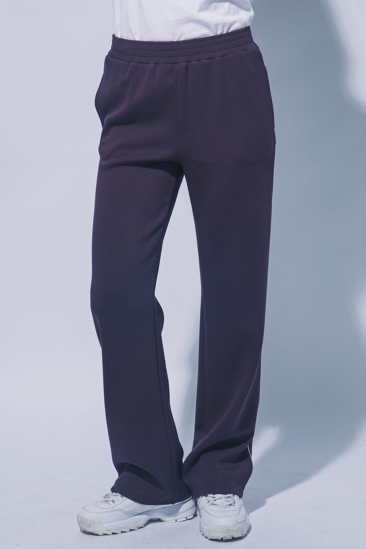 Burgundy wide leg track pants - side view