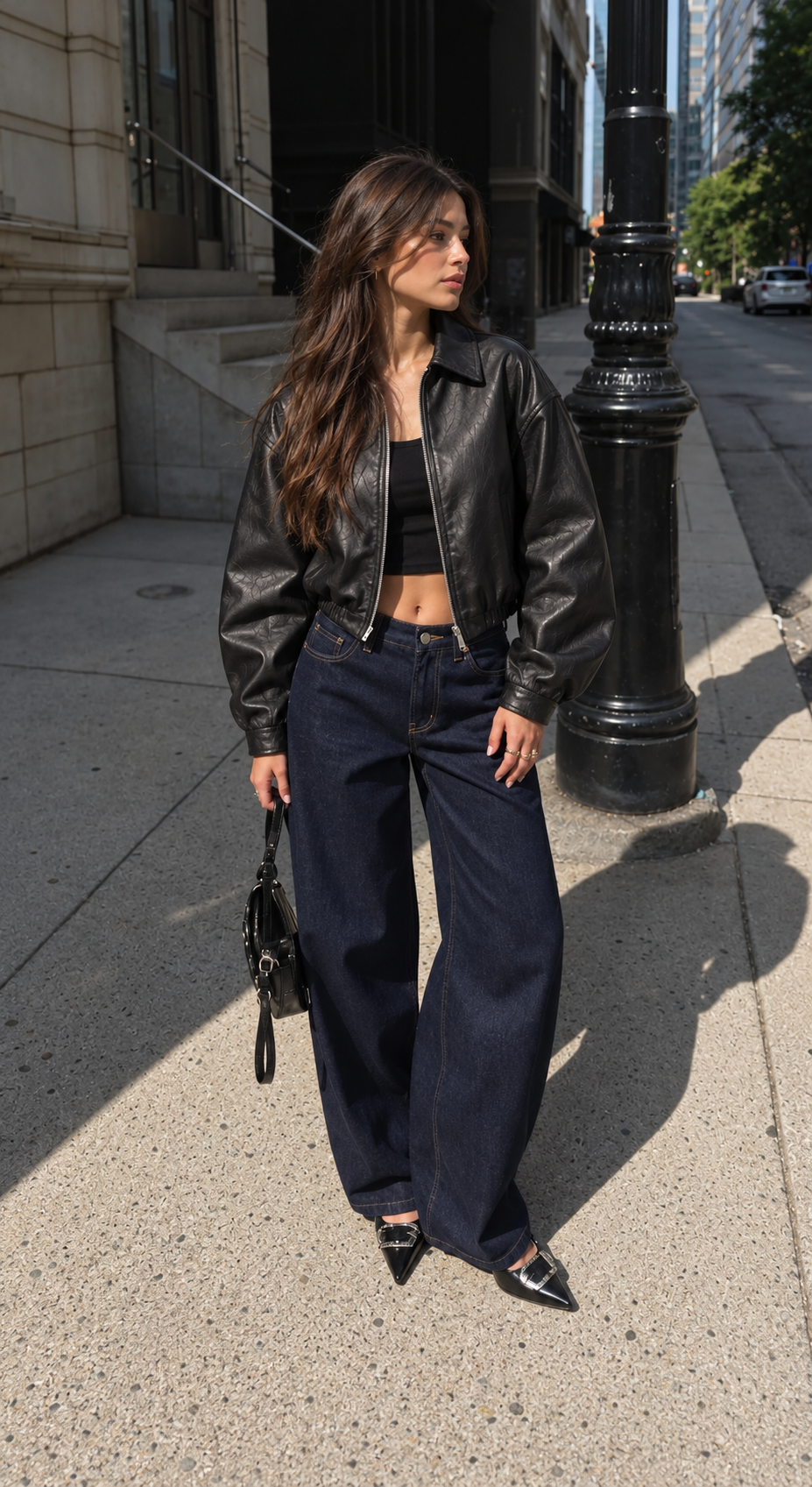 Model wearing women's black cropped faux leather bomber jacket