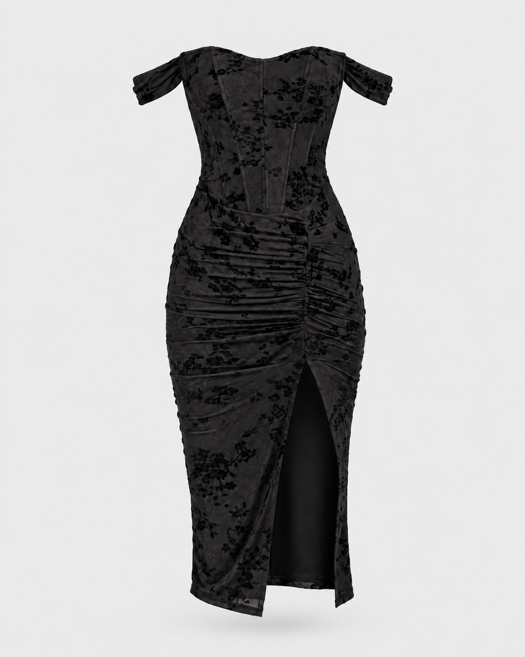 Women's black off shoulder midi dress - front view