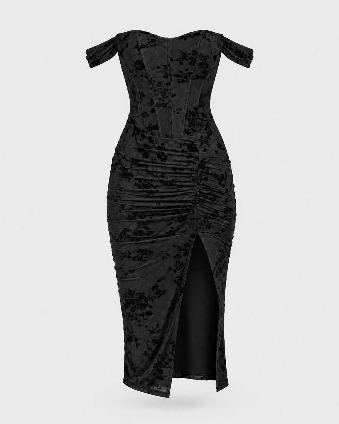 Women's black off shoulder midi dress - front view
