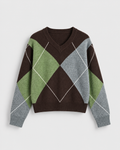 Women's brown V neck argyle knit sweater - front view