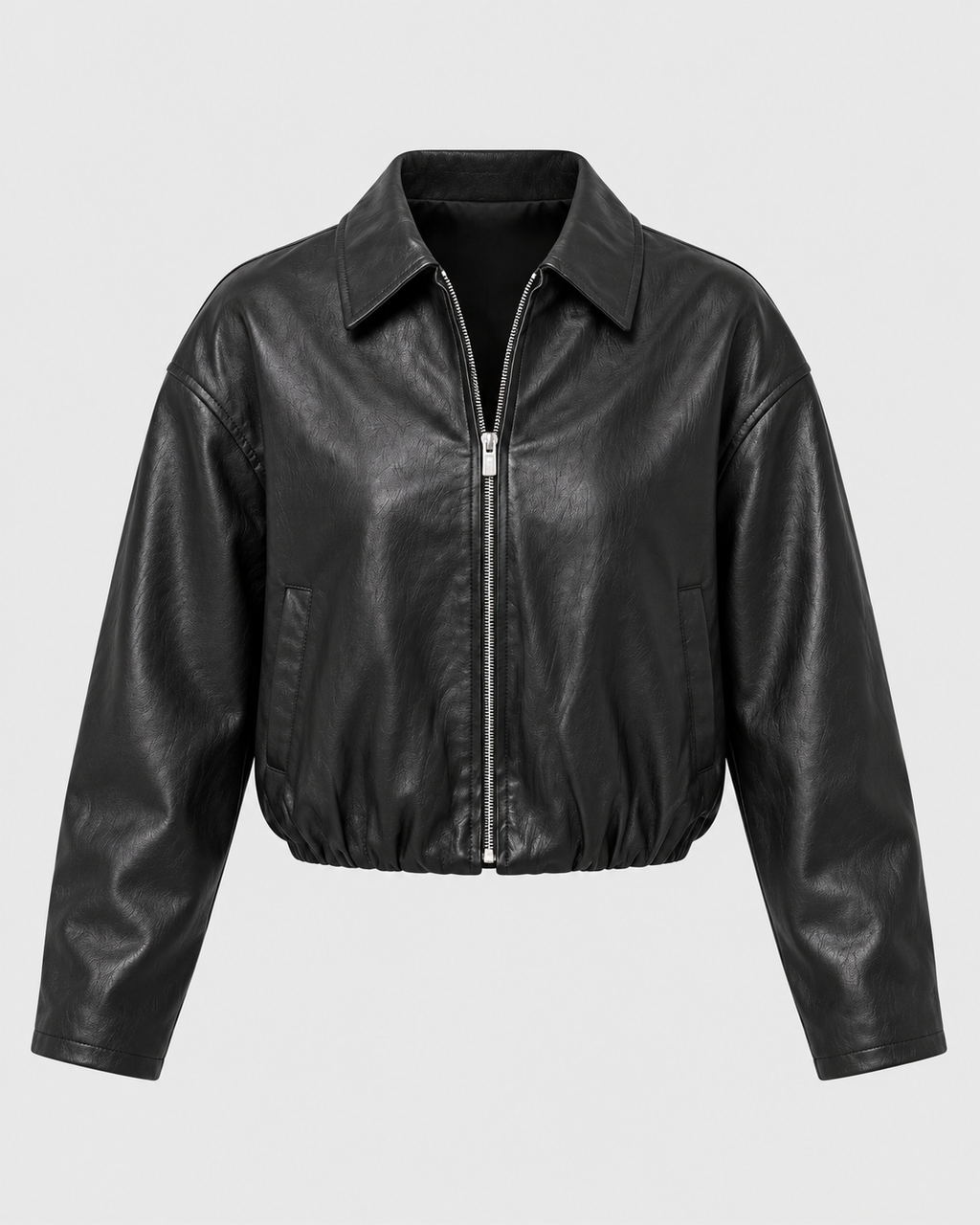 Women's black cropped faux leather bomber jacket - front view
