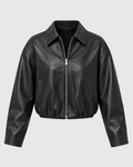 Women's black cropped faux leather bomber jacket - front view