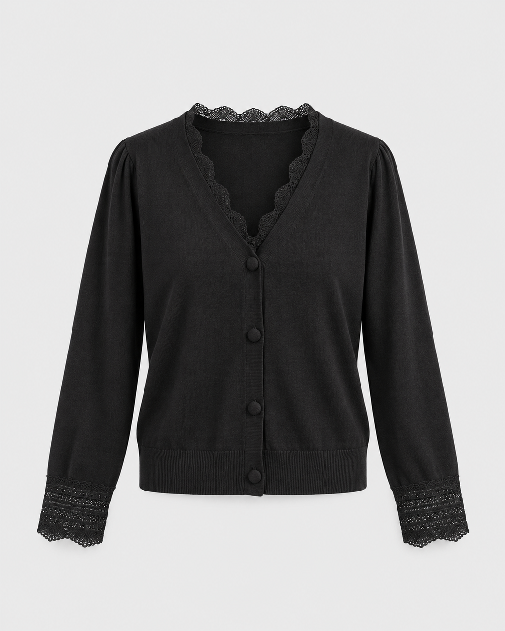 Women's lace trim knit cardigan in Black