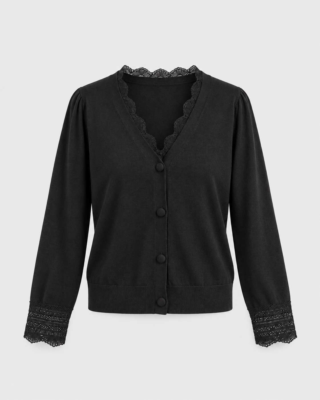 Women's lace trim knit cardigan in Black