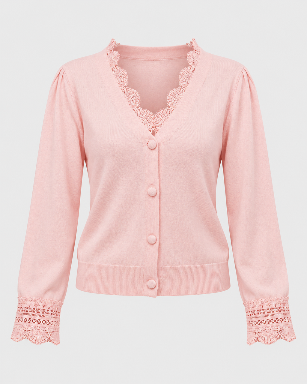 Women's lace trim knit cardigan in Pink Stone