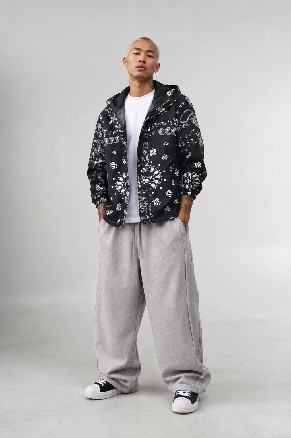 Shaka Paisley Print Windbreaker Jacket, black and white paisley